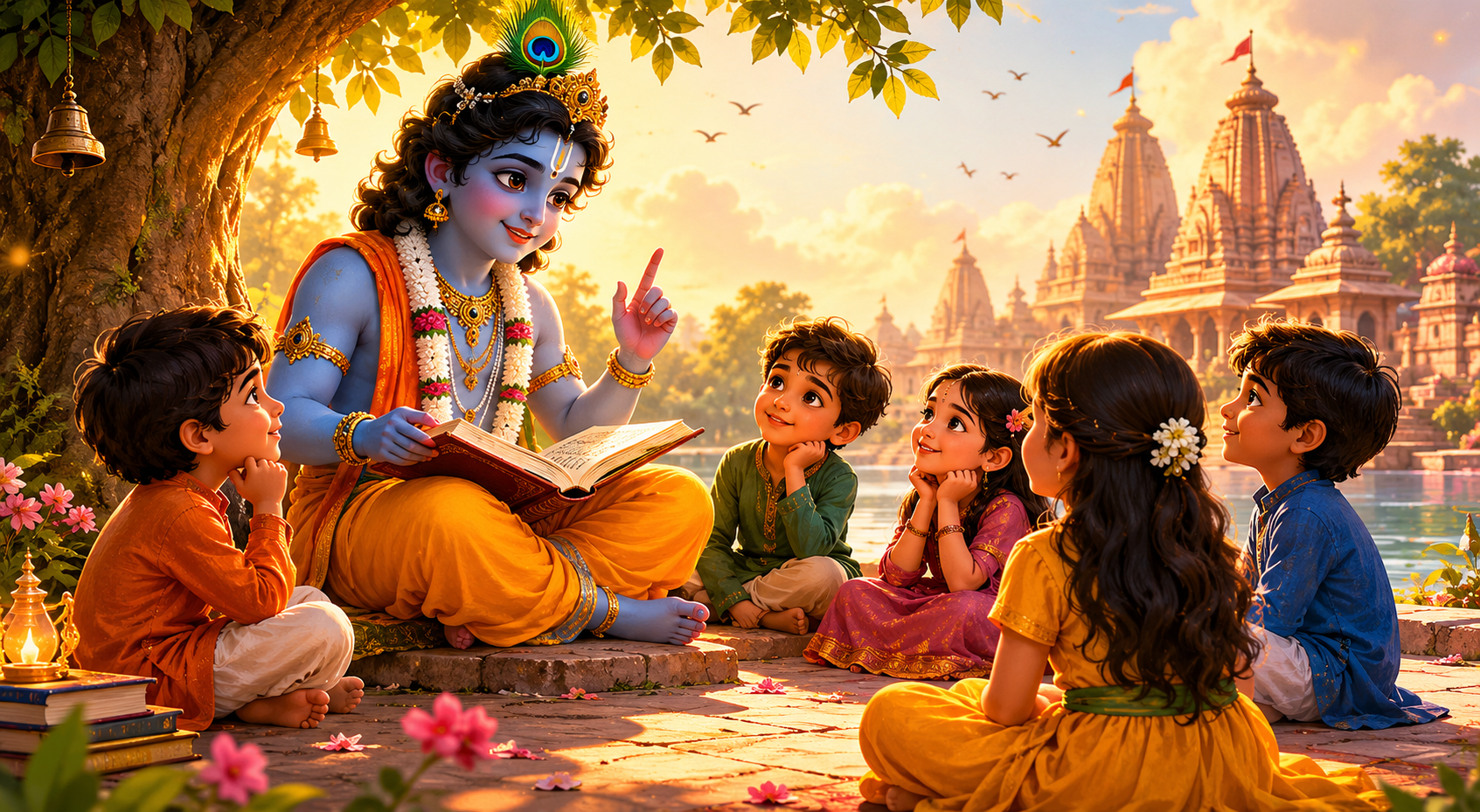 Lord Krishna teaching children from the Bhagavad Gita under a banyan tree